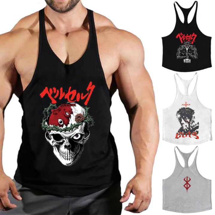 Berserk Graphic Cotton Tank Top for Men Summer Sleeveless Y-Back Vest Gym Muscle Training Athletic Workout Undershirt Activewear