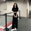 2 PCs set black shirt collar short sleeve with long pants set leisure chic simple. 