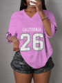 Women's California NO.26 Print V-Neck Short Sleeve T-Shirt Summer Graphic Tee Hole Mesh Jerseys Plus Size Sport T-Shirt.