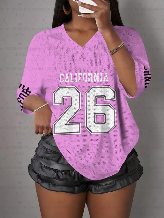 Women's%20California%20NO.26%20Print%20V-Neck%20Short%20Sleeve%20T-Shirt%20Summer%20Graphic%20Tee%20Hole%20Mesh%20Jerseys%20Plus%20Size%20Sport%20T-Shirt%20-%20Image%203
