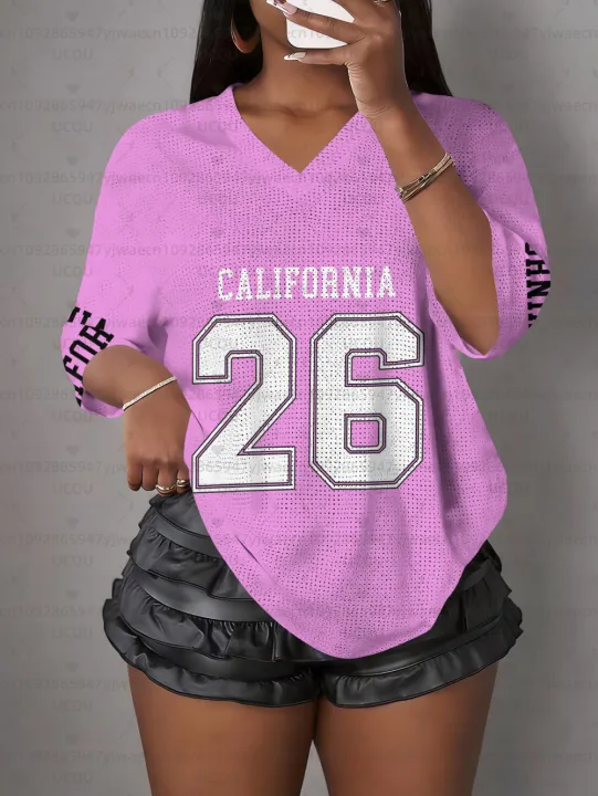 Women's%20California%20NO.26%20Print%20V-Neck%20Short%20Sleeve%20T-Shirt%20Summer%20Graphic%20Tee%20Hole%20Mesh%20Jerseys%20Plus%20Size%20Sport%20T-Shirt%20-%20Image%203