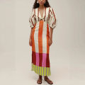 VEITCHE Summer Women Linen Material Long Dresses Fashion Chic Print  V-neck Hollow Out High Waist Party Dress Lady Robes. 