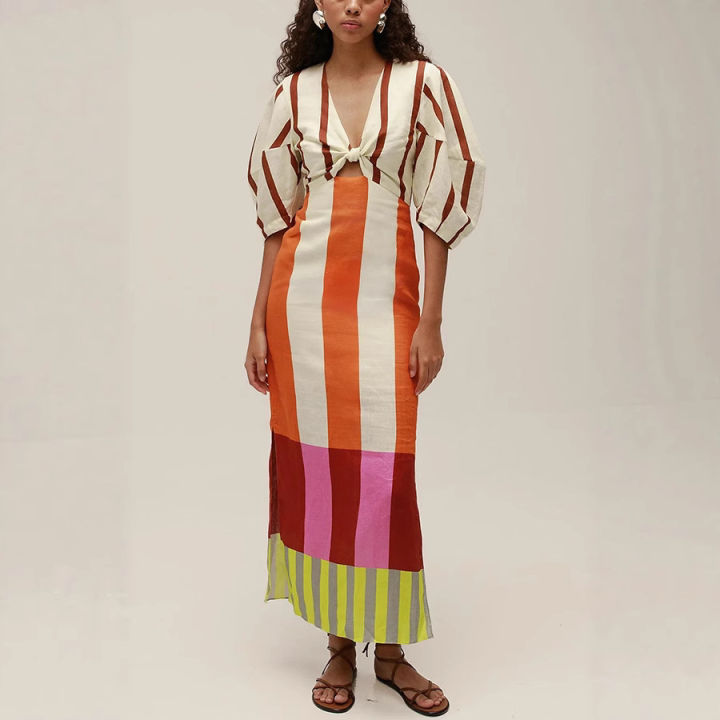 VEITCHE%20Summer%20Women%20Linen%20Material%20Long%20Dresses%20Fashion%20Chic%20Print%20%20V-neck%20Hollow%20Out%20High%20Waist%20Party%20Dress%20Lady%20Robes%20-%20Image%205