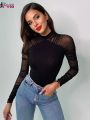 Weird Puss 2025 Mesh Patchwork Bodysuit  Women Sleeve Ruched Skinny Turtleneck Bodycon Elegant Wild Tops Streetwear Outfits. 