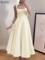 ZANZEA Women Sleeveless Tank Dress Vintage Solid A-line Dresses 2024 Summer Holiday Waisted Robe Casual Square Collar Midi Robe. 