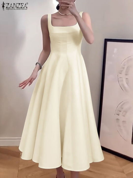 ZANZEA%20Women%20Sleeveless%20Tank%20Dress%20Vintage%20Solid%20A-line%20Dresses%202024%20Summer%20Holiday%20Waisted%20Robe%20Casual%20Square%20Collar%20Midi%20Robe%20-%20Image%204
