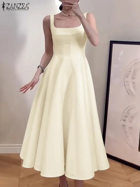 ZANZEA%20Women%20Sleeveless%20Tank%20Dress%20Vintage%20Solid%20A-line%20Dresses%202024%20Summer%20Holiday%20Waisted%20Robe%20Casual%20Square%20Collar%20Midi%20Robe%20-%20Image%204