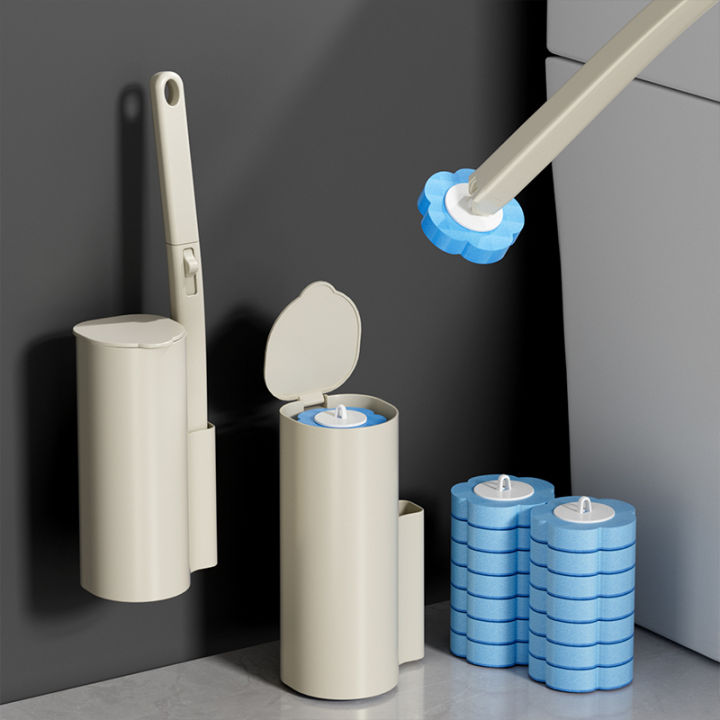 1 Set of New-Style Wall-Mounted and Stand-Type Dual-Use Disposable Toilet Brush Set, Clean and Hygienic Without Dirtying Your Hands, Comes with Antibacterial Cleaning Liquid and Replacement Brush Heads