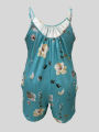 Plus Size Allover Print Cami Romper Jumpsuit, Casual Pocket Ruched Sleeveless Romper Jumpsuit, Women's Plus Size Clothing.