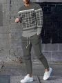 Fashionable Summer Men's Striped Patchwork Print Breathable Round Neck Long Sleeved Pants Set Outdoor Casual Wear.