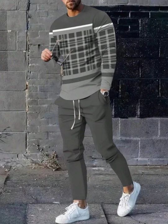 Fashionable%20Summer%20Men's%20Striped%20Patchwork%20Print%20Breathable%20Round%20Neck%20Long%20Sleeved%20Pants%20Set%20Outdoor%20Casual%20Wear%20-%20Image%207