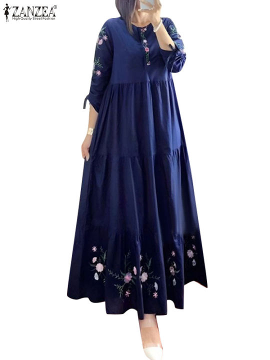 ZANZEA%20Elegant%20Floral%20Printed%20Muslim%20Dress%20Female%20Fashion%20Abaya%20Kaftan%20Sundress%20Woman%20Casual%20Ruffles%20Hem%20Maxi%20Robe%20Oversized%20-%20Image%205