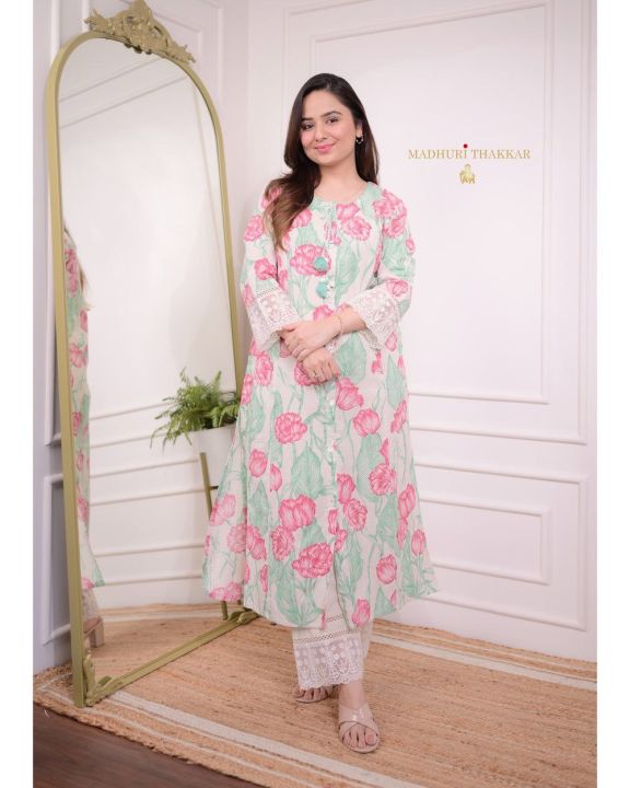 Pink%20Green%20A%20Line%20Cotton%20Kurta%20Set%20-%20Image%202