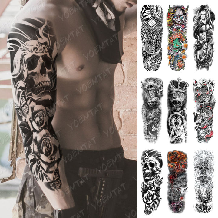 Large Full Arm Sleeve Waterproof Temporary Tattoo Sticker Skul Dragon Snake Lion Wolf Tiger Prajna Fake Tatoo Body Art Men Women