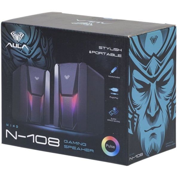 Aula N-108 RGB Desktop Gaming Speaker USB 2.0, Volume Control, Sleek Space Saving, Plug an Play

RGB BacklitPower supplier – USBOutput – 3W*2Frequency response – 150Hz-20kHzImpedance – 4 ohmsColor – Black