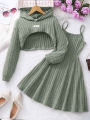 Autumn And Winter Women's And Children's Casual Fashionable Elegant Short Top&Dress Two-Piece Set.