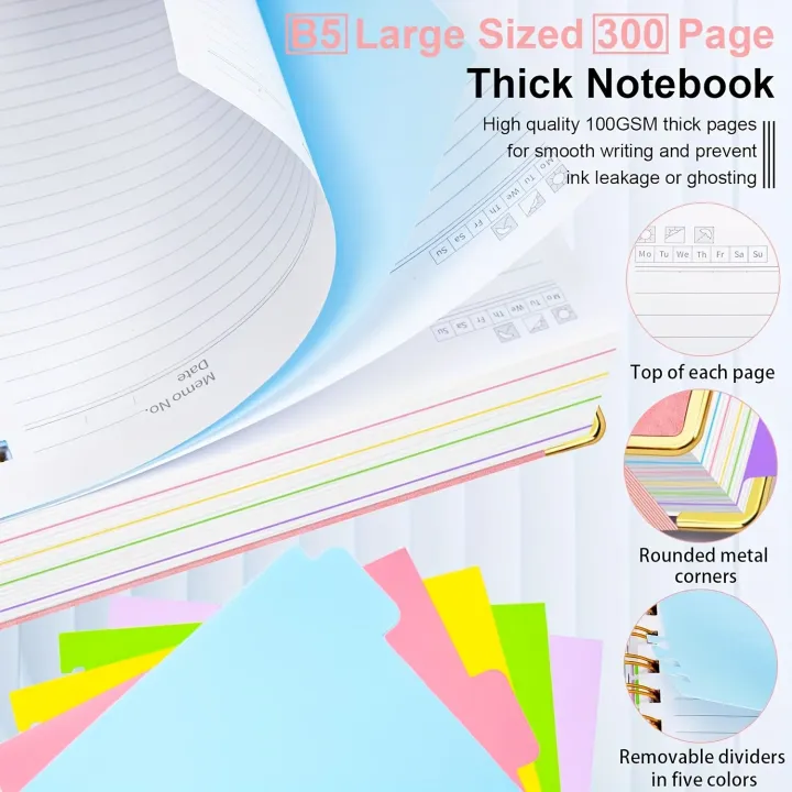 Extra%20Large%20Hardcover%20Spiral%20Notebook%20-%20with%20Removable%20Dividers%20&%20Tabs,%20300%20Pages%20Faux%20Leather%20Cover,For%20School,Office,Planner%20-%20Image%204