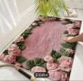 Non-Slip Door Mat - Pink Rose Design with Green Leaves, Machine Washable Polyester Entryway Mat for Kitchen, Living Room,. 
