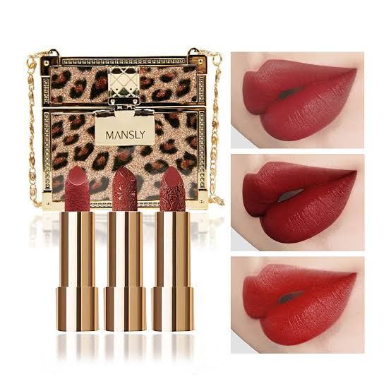 Mansly Makeup 3 in 1 Matte Lipstick Set Luxury Chain Bag Carved Valvet
