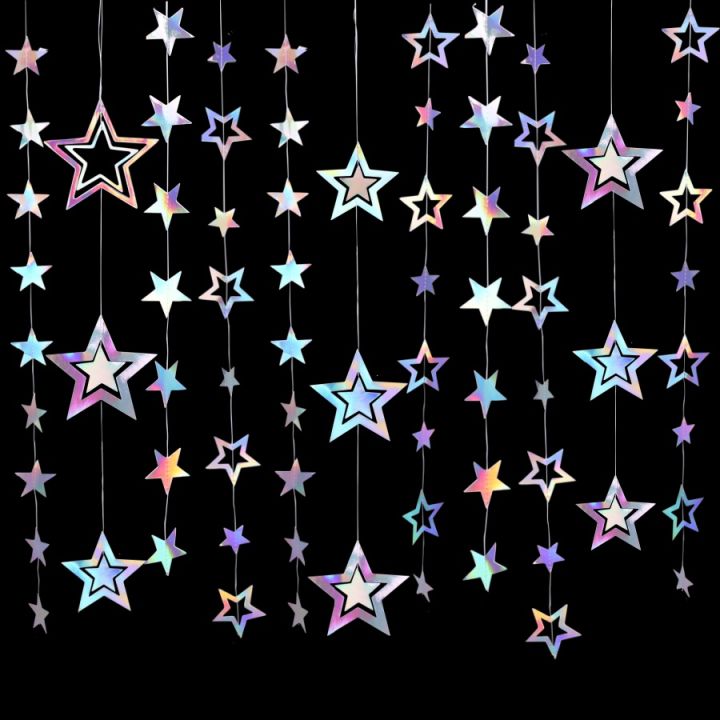 Iridescent Paper Star Garland Banner Laser Silver Flag Hanging Decor Birthday Party Pendant Baby Shower Wedding Streamer Decor