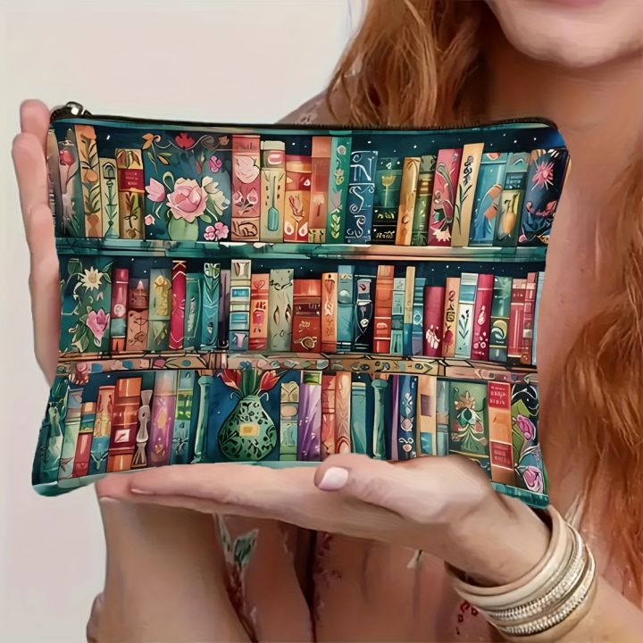 Stylish Book Lover's  Makeup Bag – Double Sided Print with Vibrant Bookshelf Design