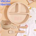 2/3/4 PCS Baby Silicone Plate Bowl Spoon Fork Set Solid Cute Color Grid Children Dishes Toddle Training Tableware Kids Feeding Stuff. 