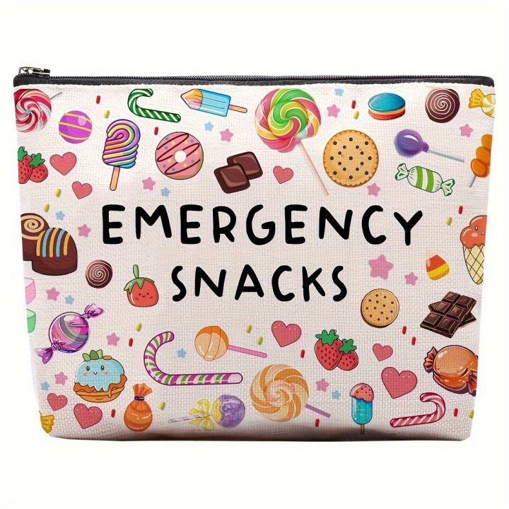 Emergency Snacks Makeup Bag Fun Candy Treat Design Lightweight Travel Pouch for Women Compact Cosmetic Organizer Zipper Closure