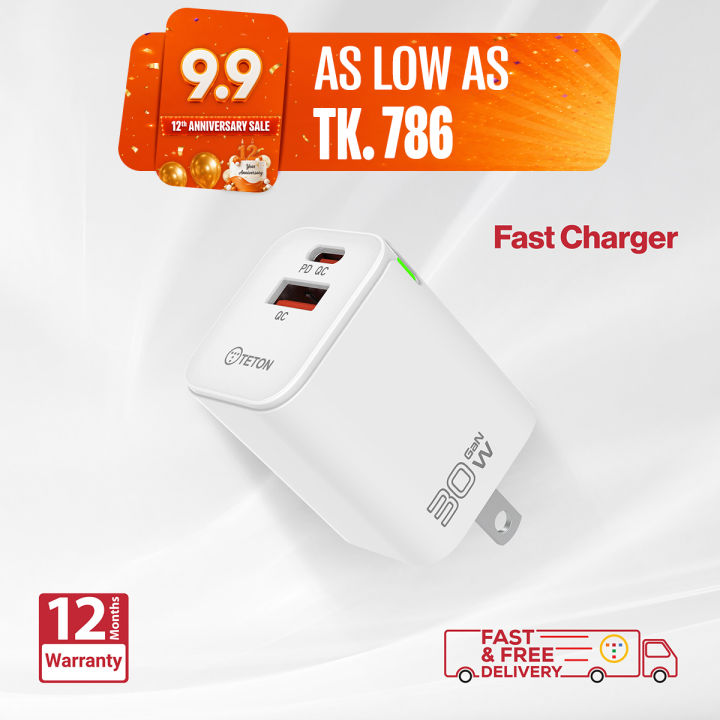 Teton 30W GaN Fast Charger Travel Charger Fast Wall Travel Chargers Adapter For iPhone 17/16/15/14/13/12 and Samsung/Android
