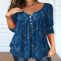 Plus Size Women's Spring and Autumn Long Sleeve Random Plant Print Button T-Shirt. 