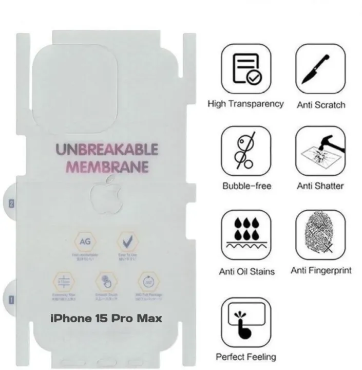 iPhone%2015%20Pro%20/%20iPhone%2015%20Pro%20Max%20-%20Back%20Transparent%20Matte%20Sheet%20with%20Logo%20Cut%20-%20Unbreakable%20membrane%20sheet%20for%20360%C2%B0%20Protection%20-%20Image%202