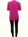 Women's Sports Outfit Set, Plus Size Abstract Figure Print long Sleeve T-shirt Top & Medium Stretch Comfy Pants Fitness Outfit. 