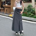 Gray Midi Pleated Skirts For Women Summer 2025 High Waist A Line Maxi Zipper Skirts For Office Lady Long Wide Skirt Woman Black. 
