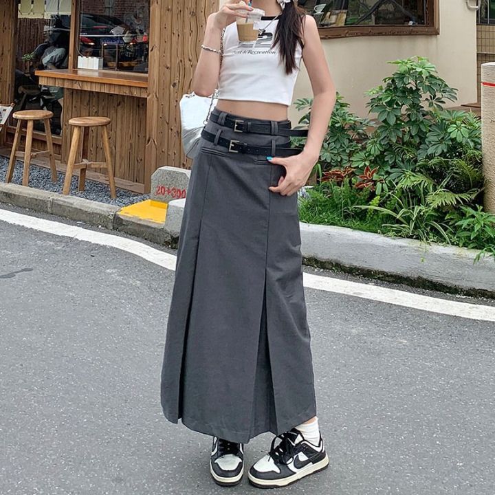 Gray Midi Pleated Skirts For Women Summer 2025 High Waist A Line Maxi Zipper Skirts For Office Lady Long Wide Skirt Woman Black