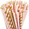 25/50pcs Pink & Golden Striped Biodegradable Paper Straws Set for Juices Cocktails Smoothies Eco-Friendly Drinkware Accessory. 