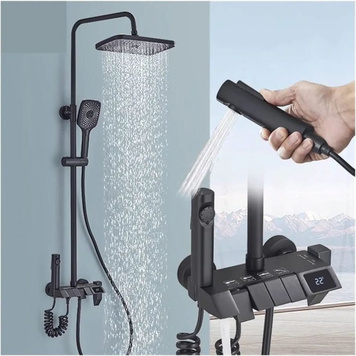 Piano Key Shower Set Gray Bathroom Digital Display Faucet Shower System Set Bathtub Hot and Cold 4 Functions Tap Shower Set,Grey 4 Mode LED