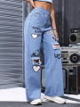 Women's High Waist Button Up Butterfly Print Jeans Fashion Casual Straight Pants for Women Spring Summer 2024 Chic Ripped Jeans. 