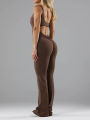 2025 Summer New Women's  Hottie Style Backless One-piece Suit Sports Fitness Yoga Pullover One-piece Suit Flared Pants. 