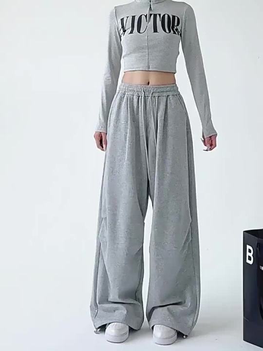 Y2K Harajuku Wide Leg Sweatpants Women Streetwear Baggy Oversize Gray Sports Pants High Waist Drawstring Casual Joggers Trousers