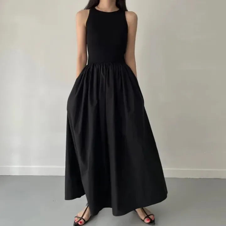 New%20Summer%20Simple%20Elegant%20Black%20Long%20Dresses%20For%20Women%20Round%20Neck%20Sleeveless%20High%20Waist%20Temperament%20Female%20Fashion%20Style%20Dress%20-%20Image%205
