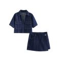2024 Summer Denim Two Piece Set Short Sleeves Pocket Women Top Mini Skirt Shorts Fashion Casual Lady 2 Piece Sets Y2K.