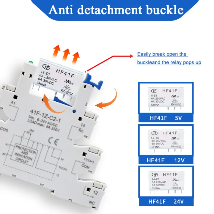1PCS%20Relay%205V%2012V%2024V%20DIN%20Rail%20Slim%20Relay%20Module%20HF41F%206A%20250VAC%2030VDC%20Industrial%20Interface%20Relay%20With%20LED%2041F-5/12/24-ZS%20-%20Image%205