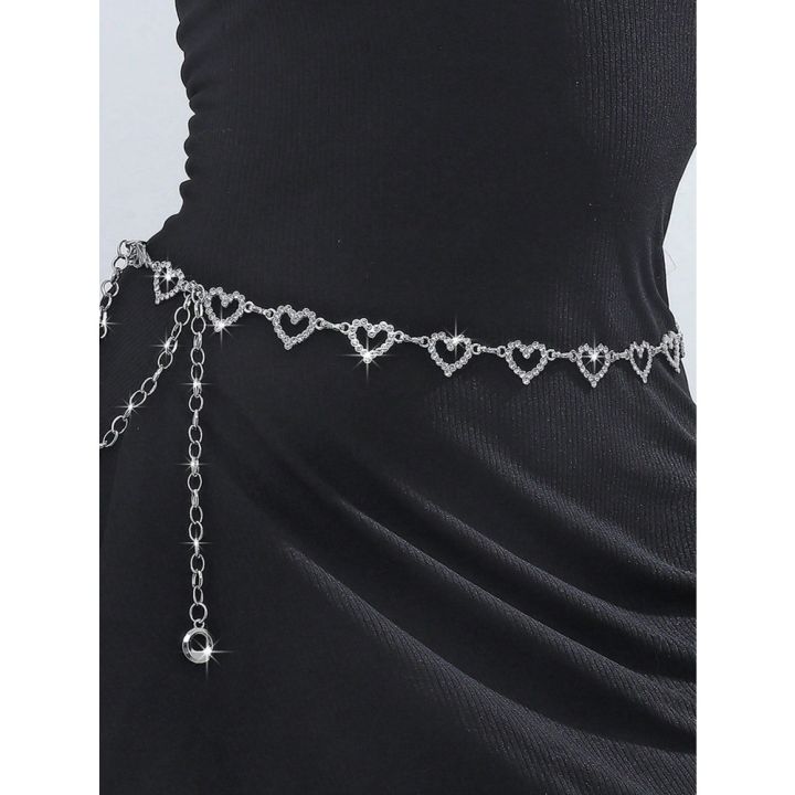 Fashionable Heart-Shaped Rhinestone Waist Chain Metal Belt For Women