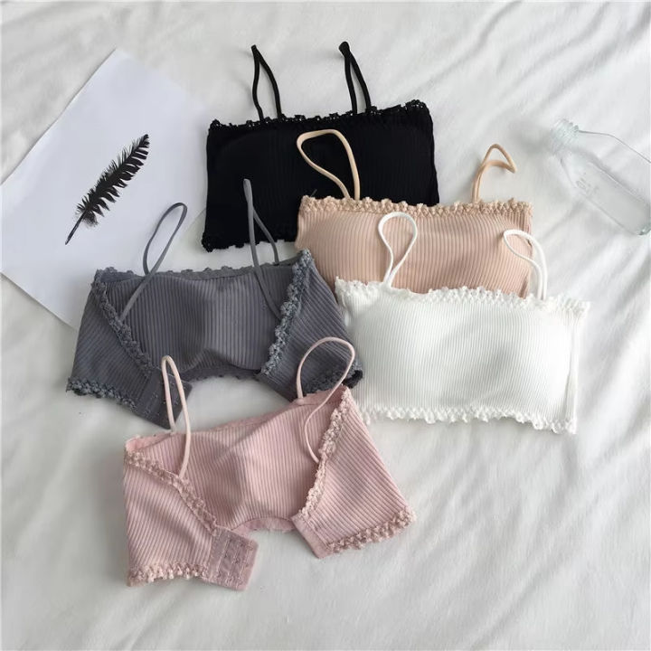 Womens Seamless Cotton Tube Top Bra with Chest Pad Adjustable Strap Camisole No Underwire Lace Trim Vest Comfort Sports Bra