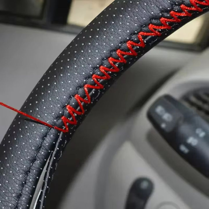 Universal%20Leather%20car%20steering%20wheel%20stitched%20on%20cover%20to%20fit%2038cm%2014%20"DIY%20sewn%20breathable%20and%20non-slip%20black%20-%20Image%203