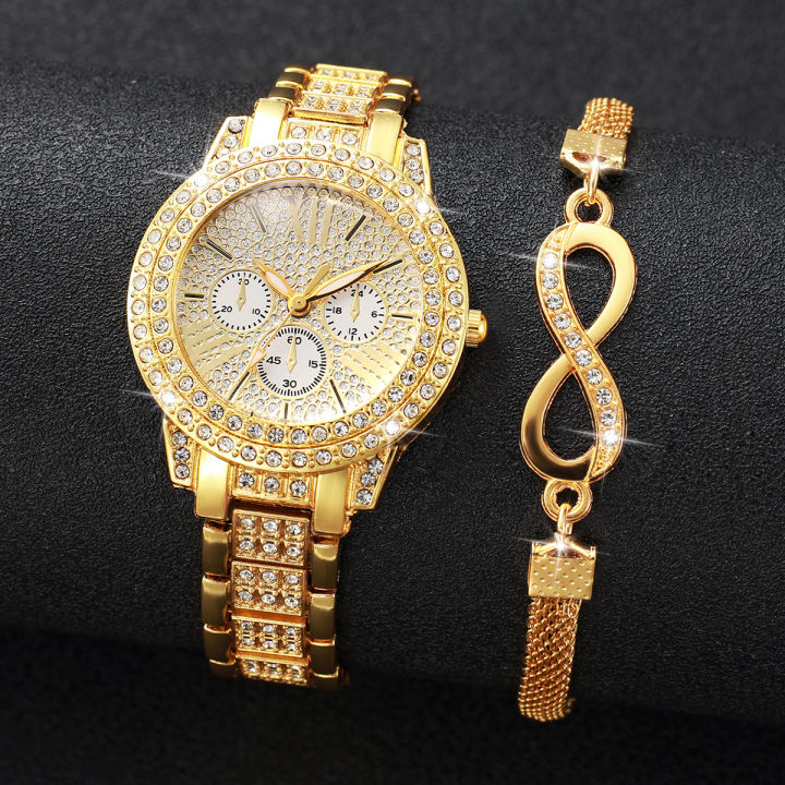 2PCS%20Luxury%20Full%20Diamond%20Women%20Watches%20Bracelet%20Set%20Fashion%20Decorative%20Three-eyes%20Ladies%20Quartz%20Wristwatch%20(Without%20Box)%20-%20Image%202