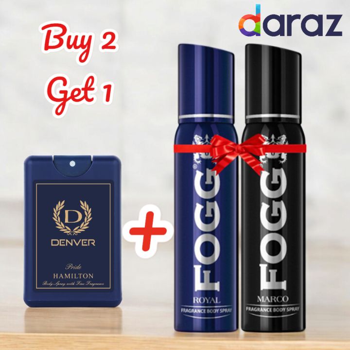 BUY 2 FOGG BODY SPRAY 120ml ( ROYAL+MACRO) GET DENVER POCKET PERFUME 18ml
