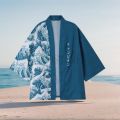 Men's Kimono Cardigans Japanese Ukiyoe Sea Wave Loose Fit Open Front Shirt Kimono Men Blue Casual Summer Shirt Beach Shirt.