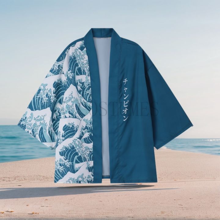 Men's Kimono Cardigans Japanese Ukiyoe Sea Wave Loose Fit Open Front Shirt Kimono Men Blue Casual Summer Shirt Beach Shirt