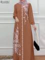 Women Stylish Floral Printed Maxi Dress Muslim Abaya ZANZEA Eid Mubarak Robe Elegant Long Sleeve Casual Vestidos Kaftan IsIamic.