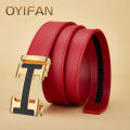 H Shape Alloy Automatic Buckle Red Belt, High-end Business, Suitable for Business and Casual Wear Universal Cow Leather Belt. 